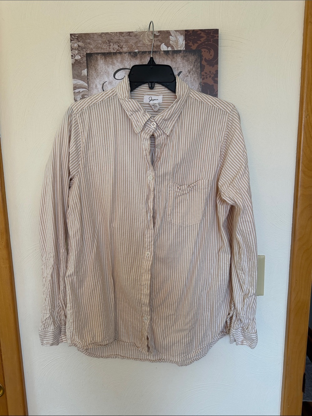Tan and white button down striped shirt